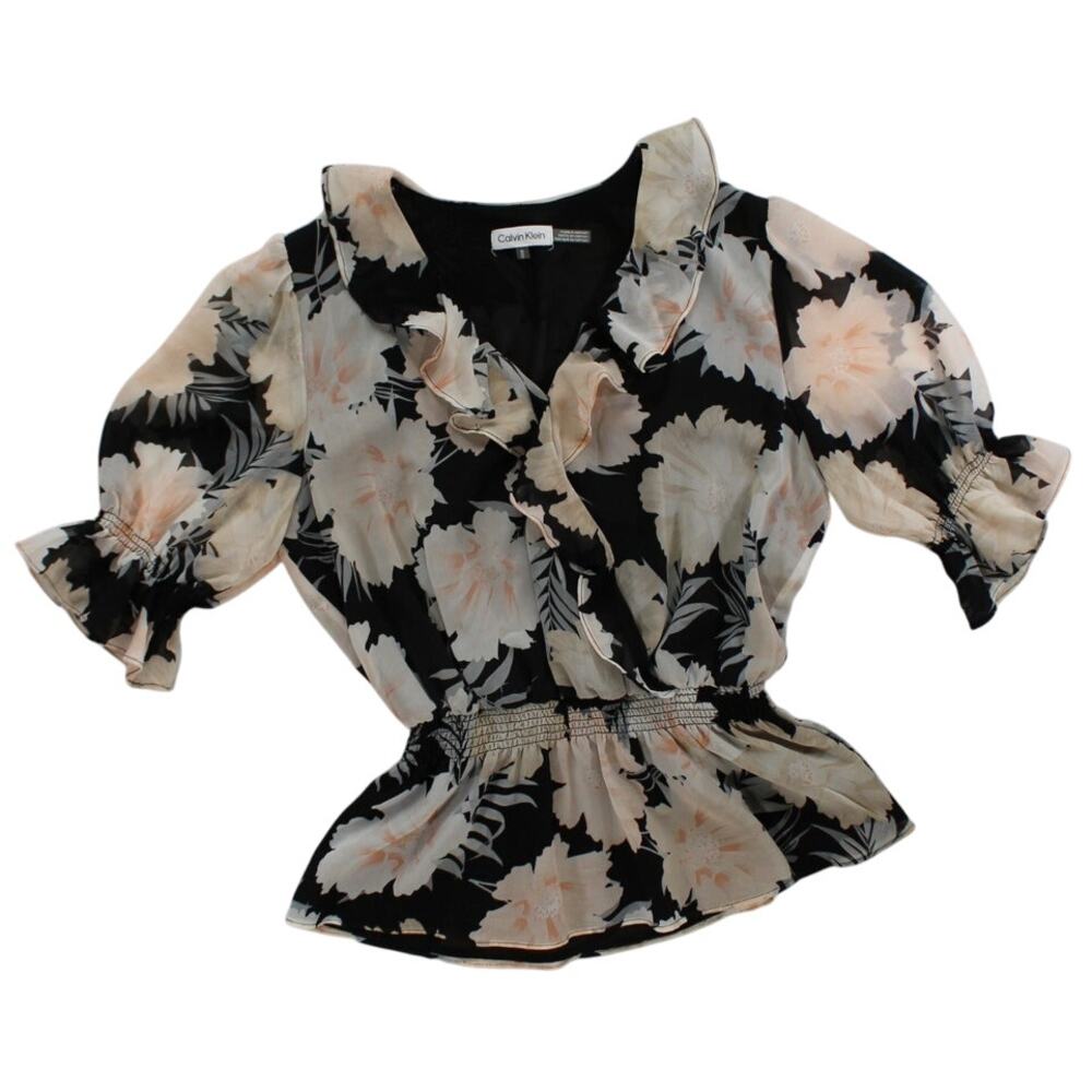 Calvin Klein Black Floral Ruffle Blouse Medium Elastic Waist Sheer Lined
